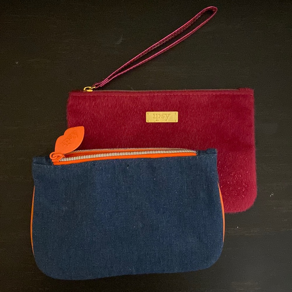 two IPSY bags (pink faux fur) (jean and orange)